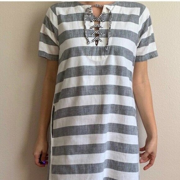 Ace & Jig Dresses & Skirts - Ace & Jig Striped Lace Up Dress Organic Cotton Pockets Women's Gray White Size L